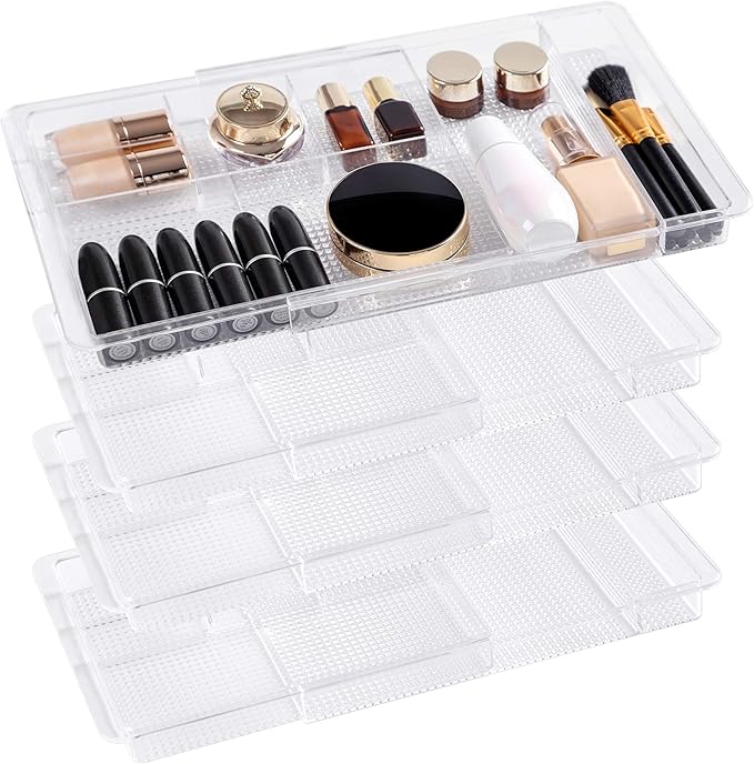 Oubonun Expandable Drawer Organizer 11.1â to 19.2â Width, Shallow Cosmetic Organizer 1.3â Height, 4 Packs, Clear Plastic Storage Trays for Dressing Table,Bathroom