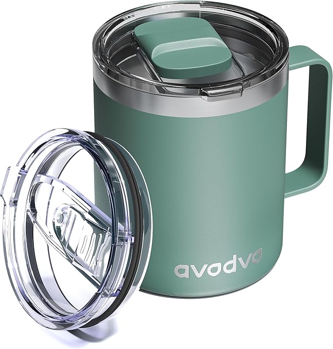 12oz Insulated Coffee Mug with Lid â Includes Two Lids, Stainless Steel Coffee Travel Mug with Handle, Double Wall Vacuum Insulated Camping Mug for Home, Office & Outdoor, Sage Green