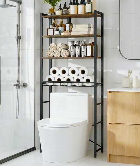4-Tier Over-the-Toilet Storage Rack with One-Piece Wooden Shelves & Open Net Basket, Bathroom Organizer with Adjustable Feet & Anti-Tip Kit, Space-Saving Toilet Shelf, Brown, 24.4" x 9.4" x 69.3"