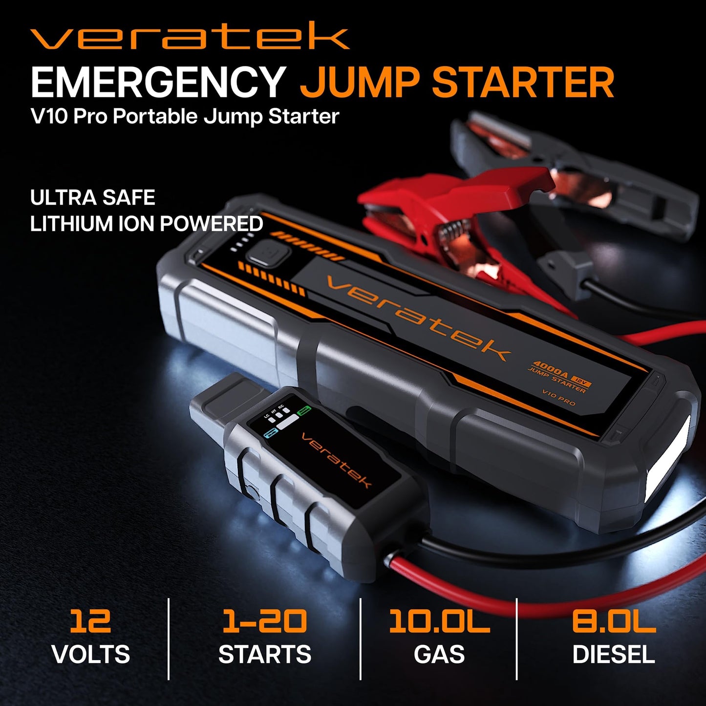 ReelCharge - Veratek V10 Pro 4000A Car Battery Jump Starter Portable (10.0L Gas & 8.0L Diesel) – 12V Lithium Battery Booster Pack with SmartCharge Safety, Jumper Cables, 24000mAh Power Bank, Jump Box