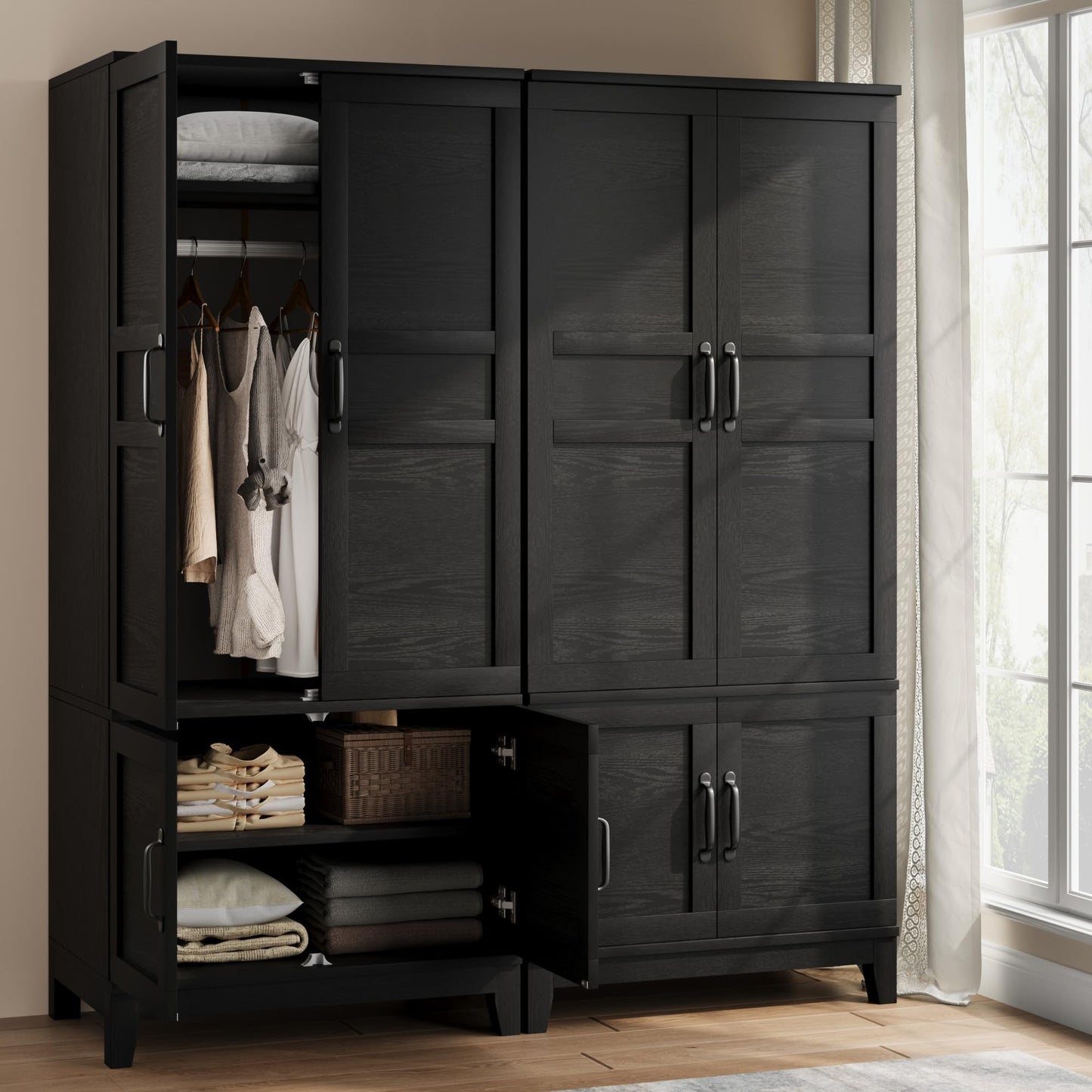 GarveeHome Armoire Wardrobe Closet with 4 Doors, 72 in Wooden Wardrobe Cabinet with Hanging Rod, Freestanding Tall Clothing Armoire Storage Cabinet with Adjustable Shelves for Bedroom, Black