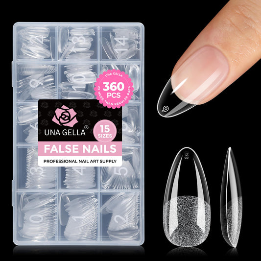 UNA GELLA Almond Nail Tips 360Pcs, 15 Sizes No Filing Needed Soft Gel Medium Almond Nail Tips Clear Full Cover, Pre-Etched Fake Nails, Soak Off Acrylic Extensions for DIY Manicure