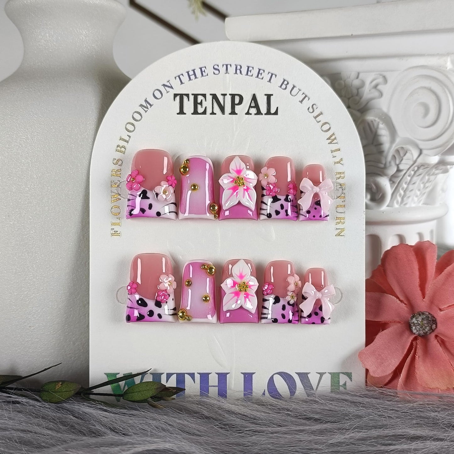TENPAL 10Pcs Ballerina Press On Nails With Tools,Animal Print Flushed French Tips Glue on Nail with Gold Beads,3D Bow Flowers Designs Fake Nails,Glitter Sweet Punk Acrylic Duckbill Coffin Nails(M)