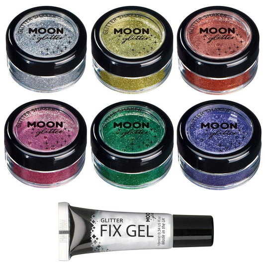 Fine Glitter Shakers by Moon Glitter – 100% Cosmetic Glitter for Face, Body, Nails, Hair and Lips - 0.17oz - Set of 6 colours