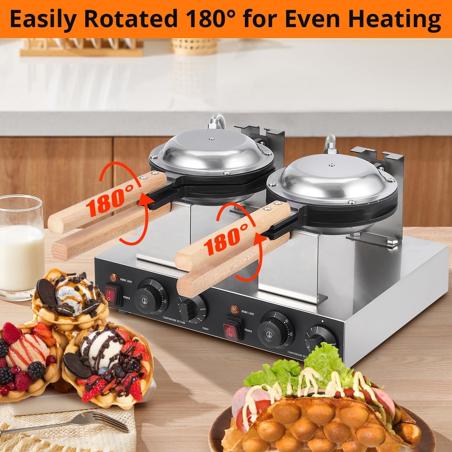 2800W Double Waffle Maker, Commercial Bubble Waffle Maker Machine, Non-Stick Egg Waffle Maker, Adjustable Temp & Timer, Fast Heating, Perfect for Snack Bars & Homes