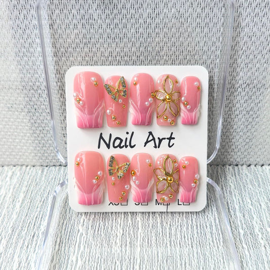 Handmade Press on Nails Medium Square Fake Nails Pink French Tip with 3D Butterfly Flower Designs luxury Glossy Cute Acrylic Nails for Women 10pcs (Size M