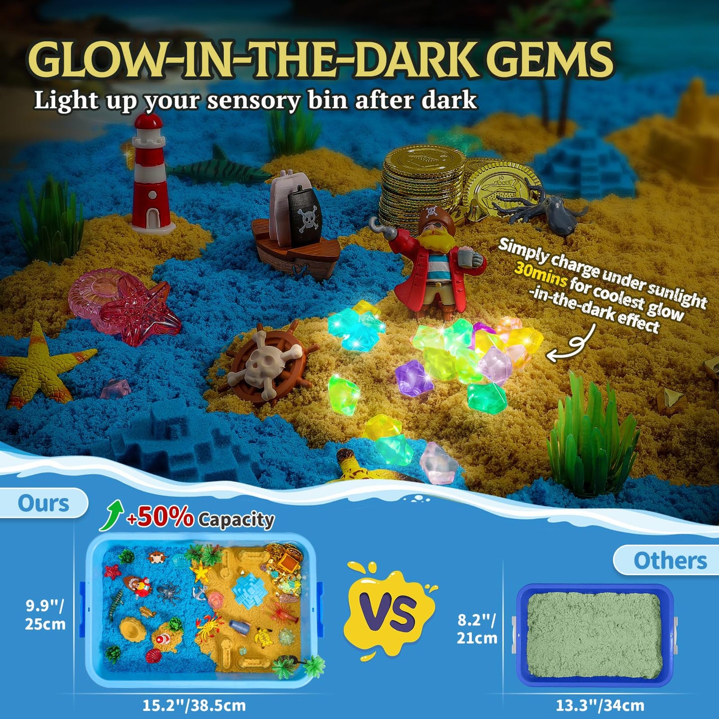 KNASON Pirate Treasure Chest Sensory Bin,Play Sand Kit for Boys with Pirate Accessories,2.2lbs Sand,Glow in The Dark Gems and Map,Pretend Play Adventure Sensory Toys for Toddlers Kids Ages 3 4 5 6 7 8