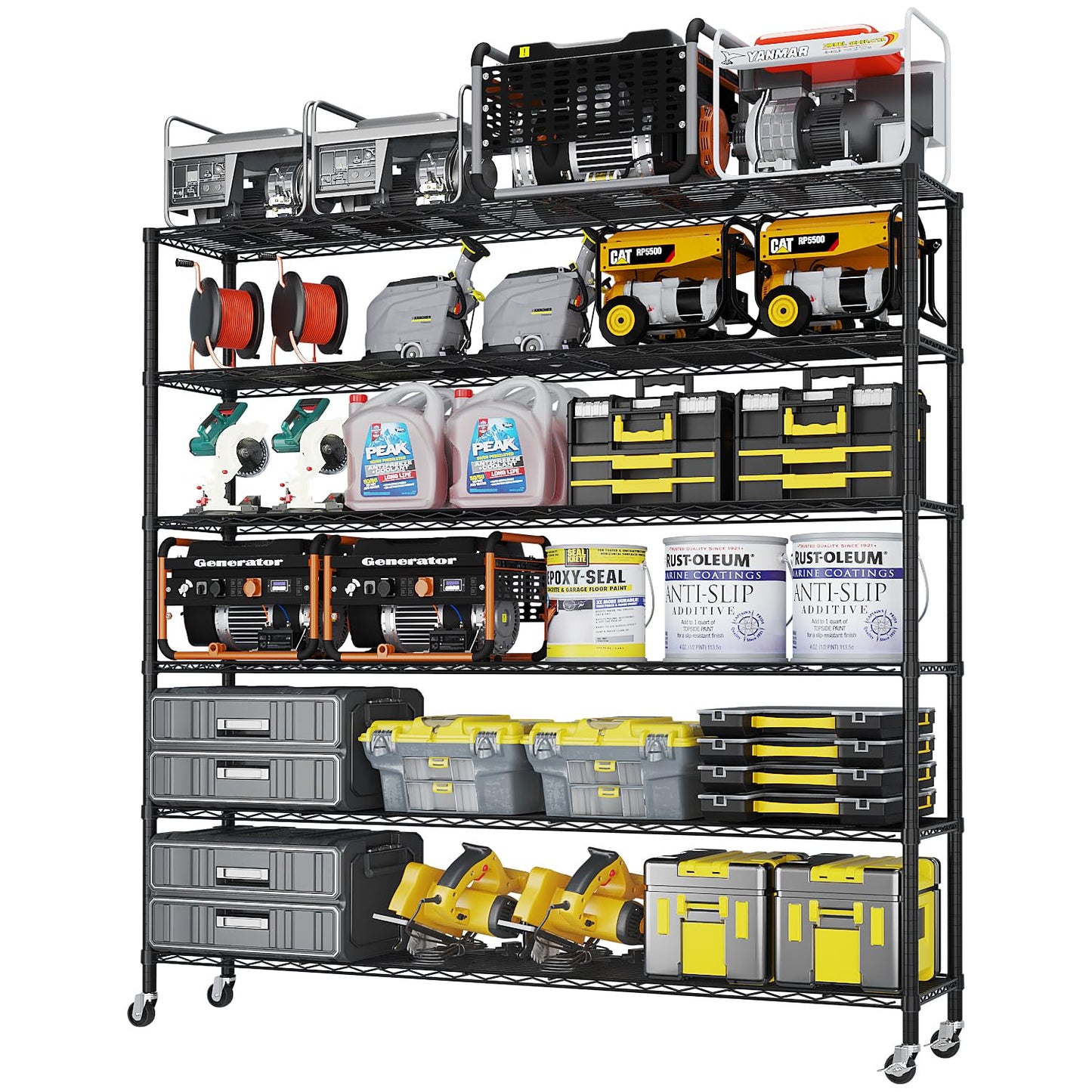 Flibaluly 150x45x213cm Industrial 6-Shelf Garage Storage Cabinet, Adjustable Utility Shelves with Casters, Powder-Coated Black Iron Heavy Duty Display Stand for Warehouse, Pantry, and Retail
