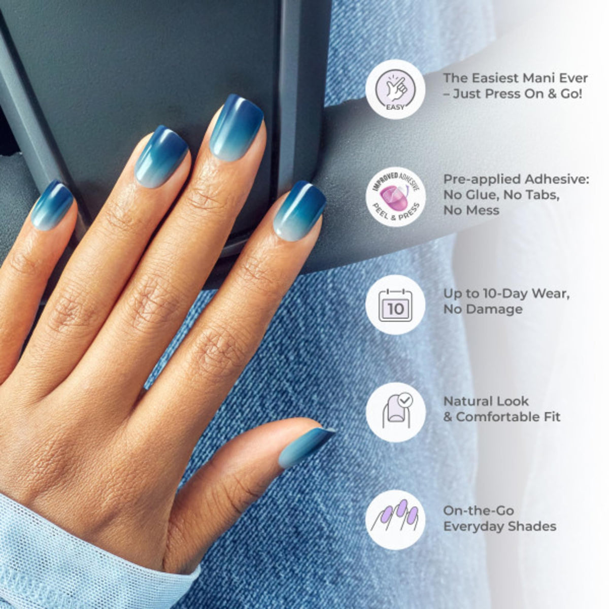 Kiss Impress No Glue Mani Press On Nails, Color, 'All Black', Black, Short Size, Squoval Shape, Includes 30 Nails, Prep Pad, Instructions Sheet, 1 Manicure Stick, 1 Mini File