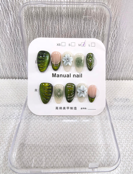 Almond Press on Nails Handmade Medium Fake Nails Green French Tip with 3D Flower Designs luxury Glossy Cute Acrylic Nails for Women 10pcs (Size M）