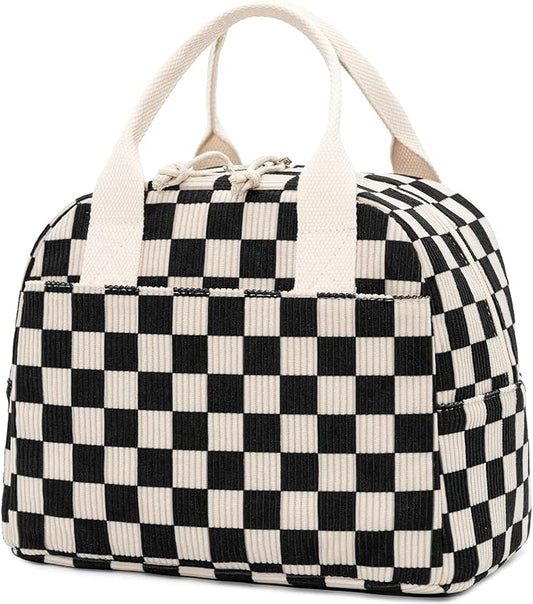 LOVELYWIND Insulated Black Checkered Lunch Bag for Women, Stylish Corduroy Tote with Aluminum Lining, Large Capacity Reusable Cooler for Work, Travel, or Beach, Beige Cream Water-Resistant Lunch Box