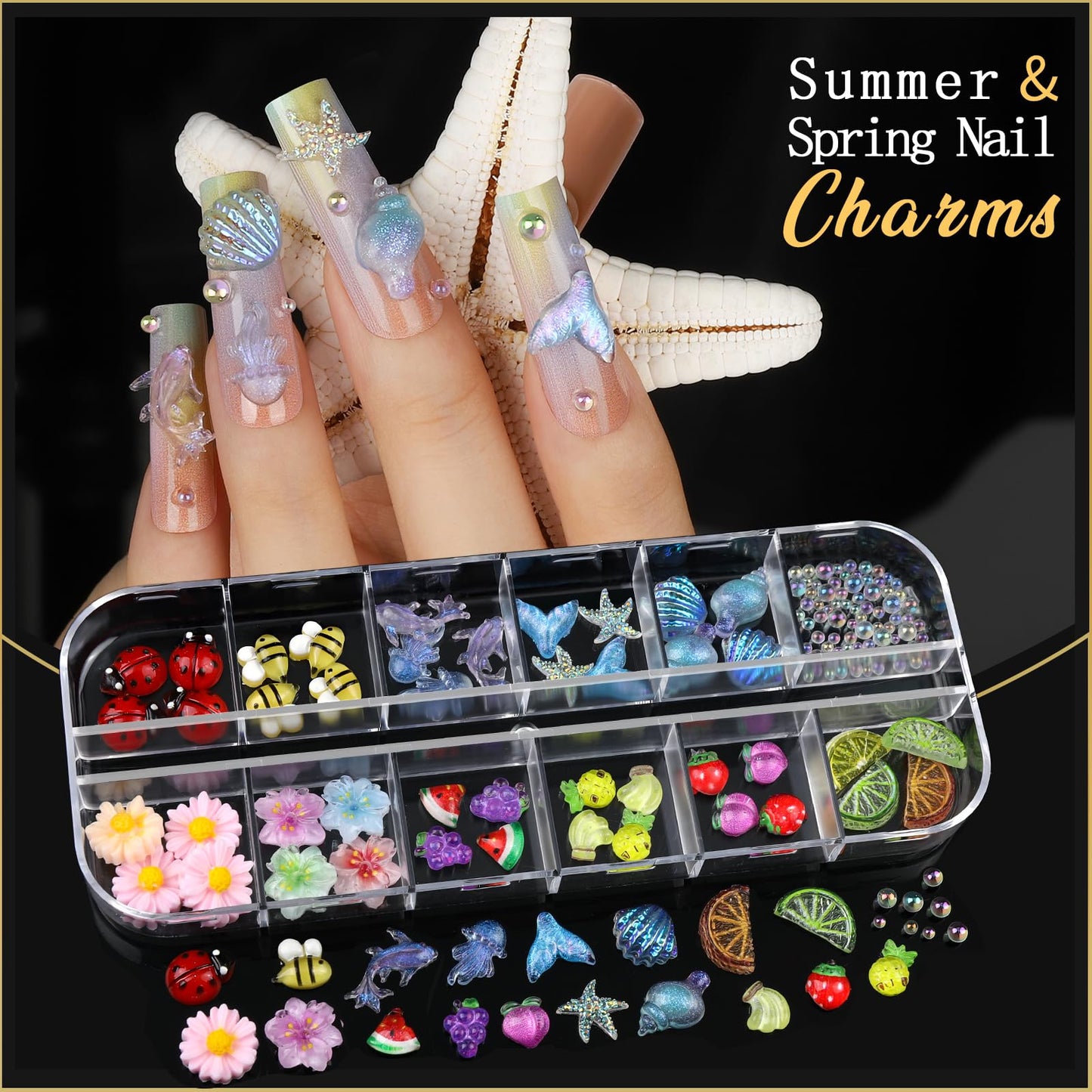 Teentior Nail Charms Nail Stickers with Nail Gems Kit, 8 Boxes Nail Art Rhinestones Gold Rhinestones for Nails, Nail Charms and Gems Pearls for Nails, 3D Nail Art Design Kit Nail Decorations for Women