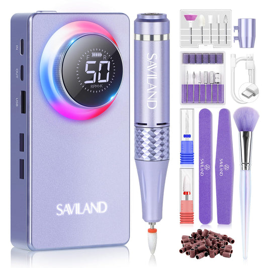 SAVILAND 50000RPM Nail Drill for Acrylic: 2026 Pro High Tech Fast Removal Electric Nails Drill Kit 6000mAh Rechargeable Machine Professional Drill Bit Nail File Buffer Tools Salon Manicure Pedicure