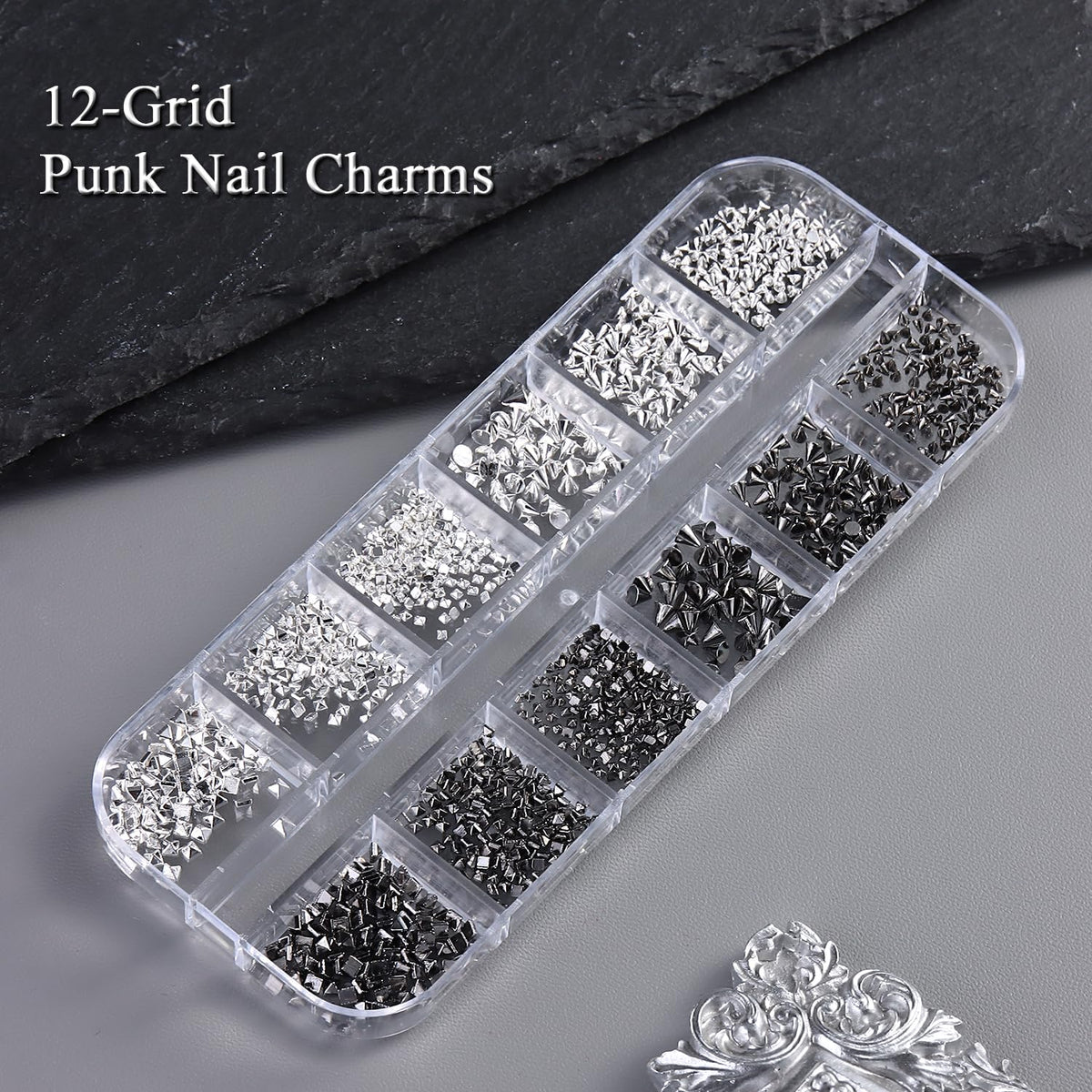 Furtherpretty Cone Spike Nail Charms Set, 3D Tiny Metal Square Pyramid Studs for Nails, Mixed Sizes Black & Silver Flat Back Punk Nail Charms, Gothic Y2K Rock Edgy DIY Manicure Decorations