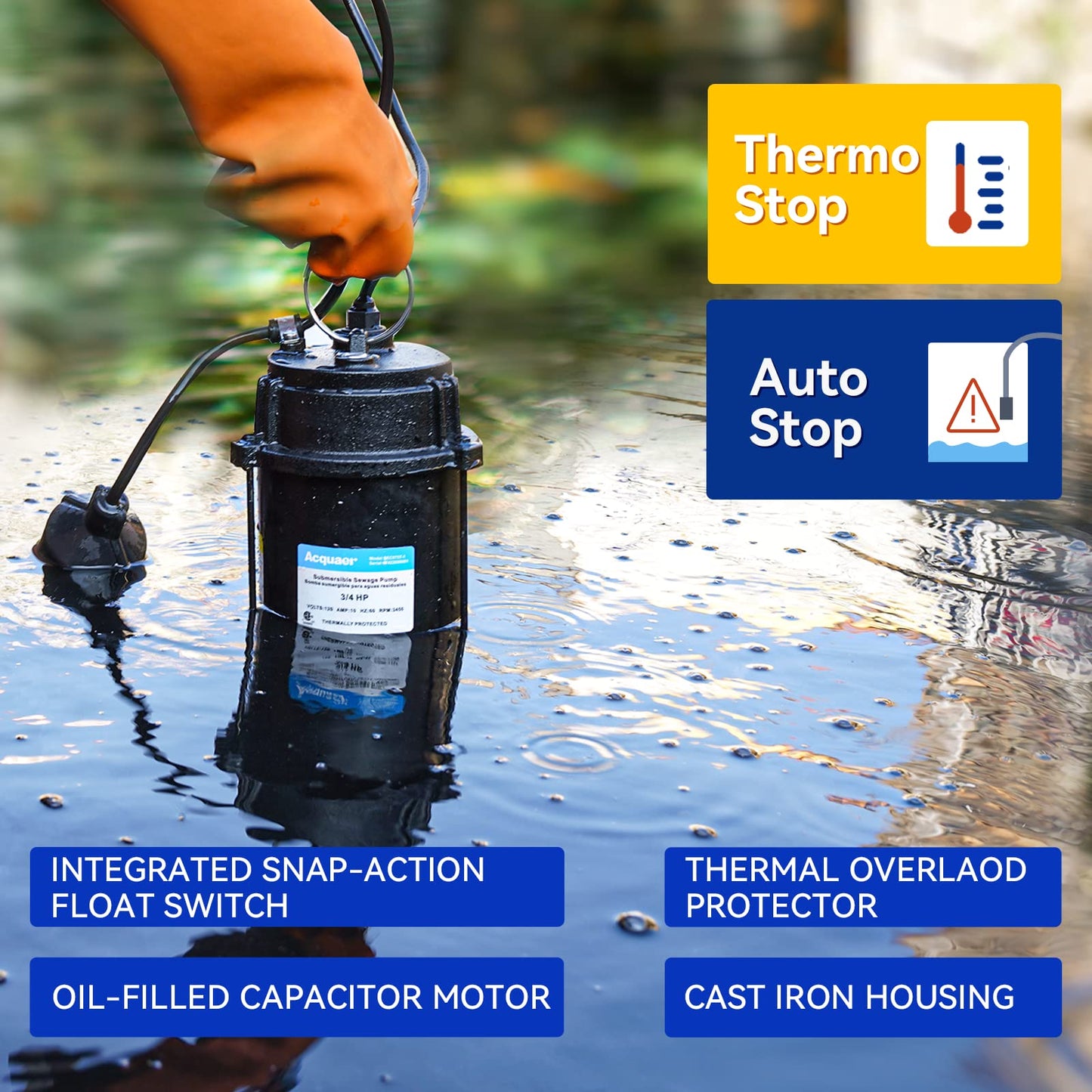 Acquaer Sewage Pump Submersible Water Pump with Automatic Float Switch, for Sump Basin, Residential Sewage, 3/4 HP 6400 GPH Sewage Pump 2'' NPT