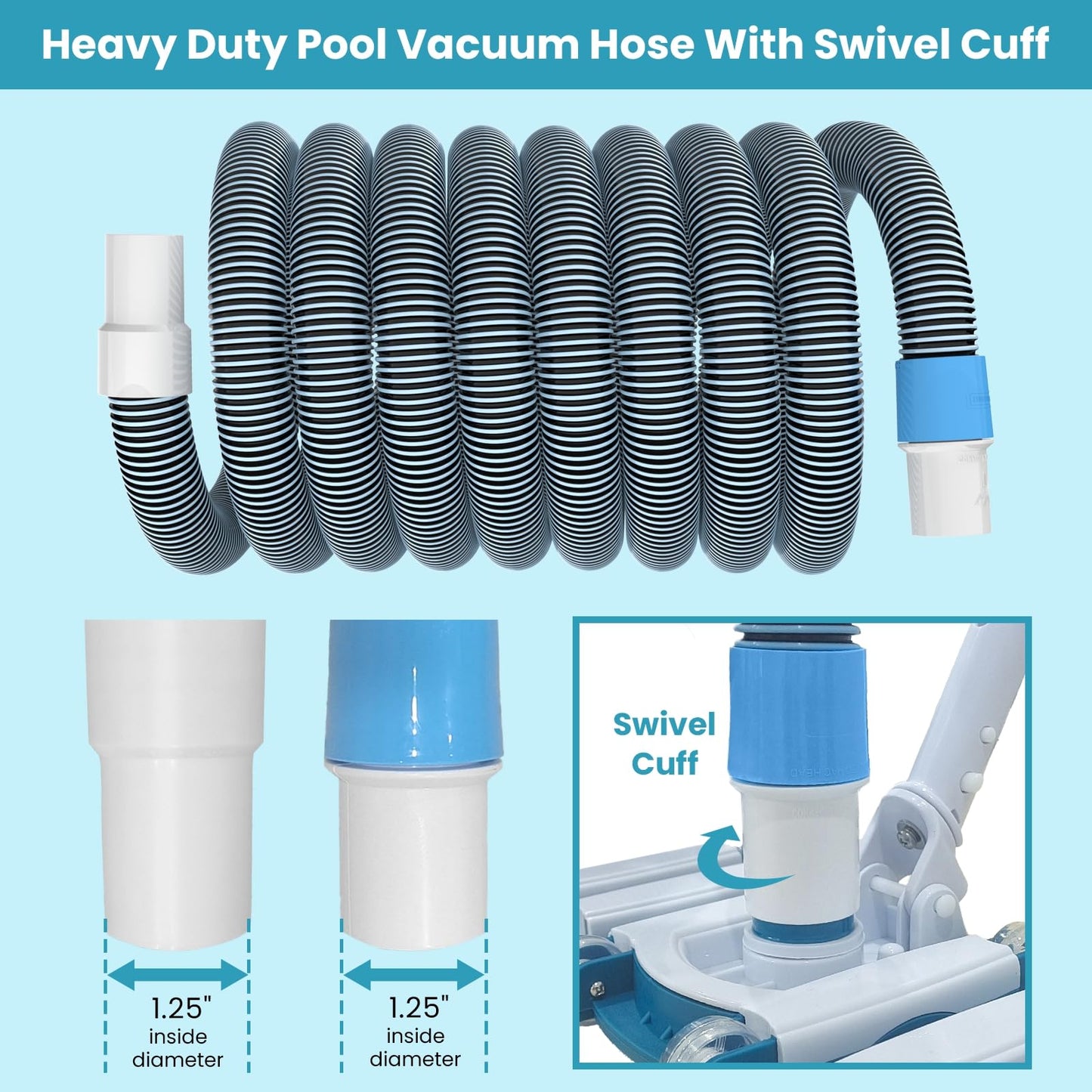 POOLWHALE Professional 1-1/2-Inch x 30-Feet Swimming Pool Vacuum Hoses and Weighted Rotatable Handle Vacuum Head with Wheels, Perfect for Above Ground and Inground Pools