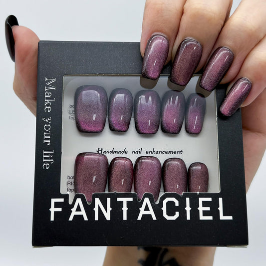FANTACIEL 10 PCS Handemade Press On Nails Cat Eye Design Acrylic Nails Reusable Square Fake Nails 519 Square L