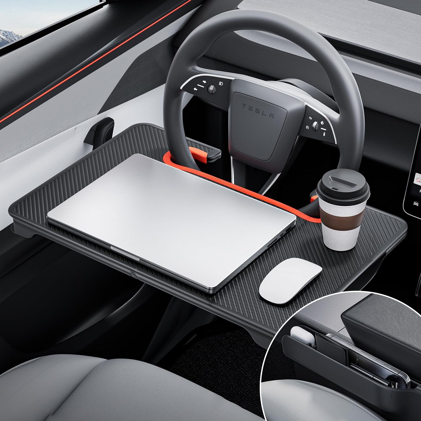 YONZEE 2-in-1 Car Steering Wheel Desk Tray & Car Seat Gap Filler Organizer – Foldable Carbon Fiber Look Table for Laptop, Eating, Writing – for Standard Round Steering Wheels