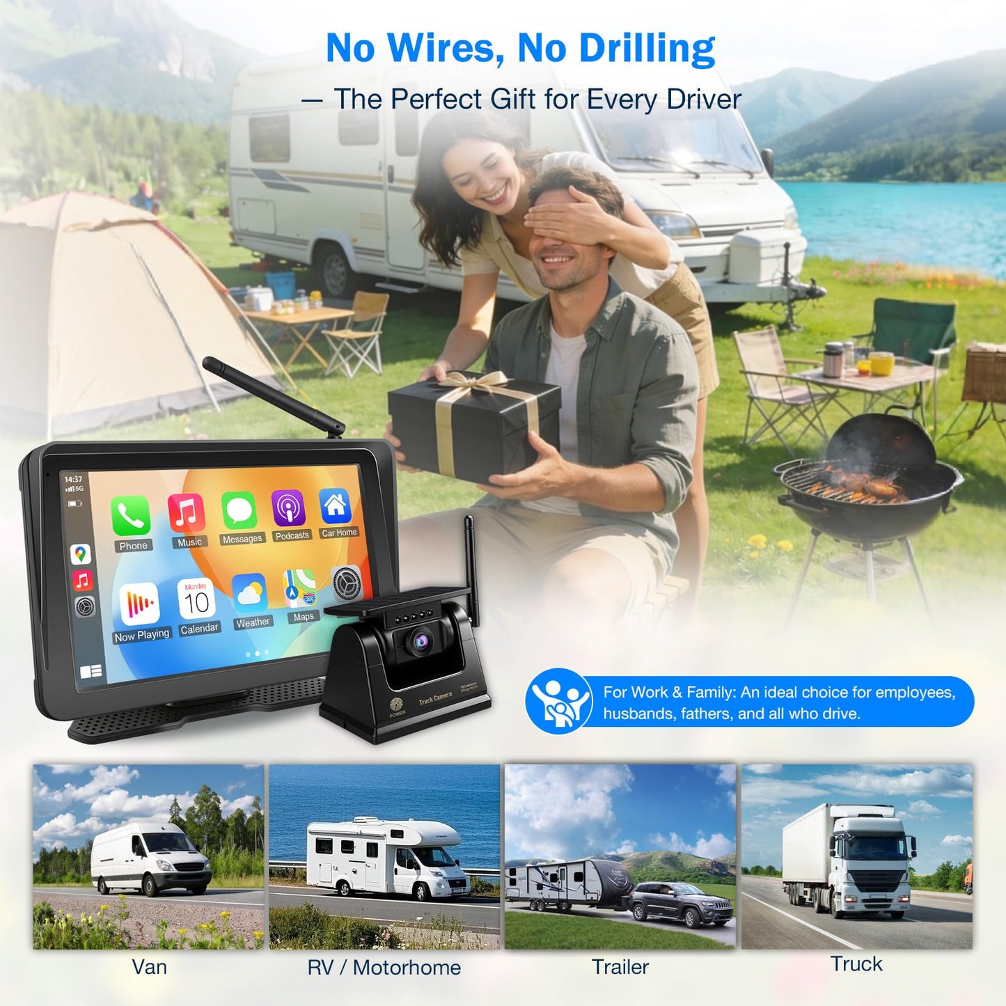PORMIDO Wireless Backup Camera for RV: 7" Portable Touchscreen with Apple CarPlay/Android Auto - 10000mAh Solar Magnetic HD 1080P Rear View System for Large Vehicle Truck Trailer Camper Pickup Reverse