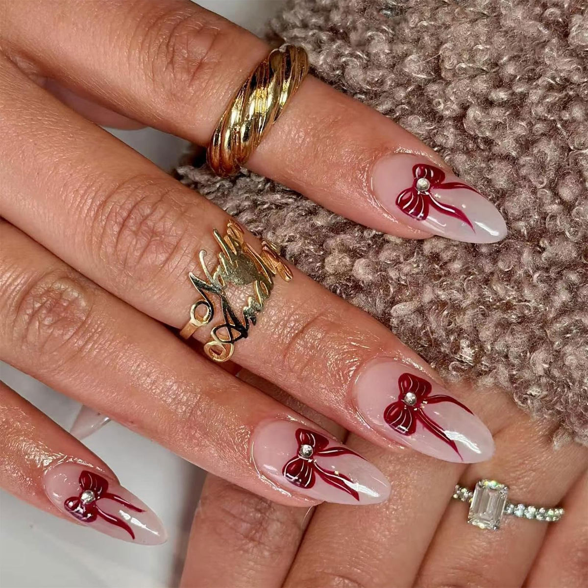 IMSOHOT Press on Nails Medium Almond Fake Nails with Red Bow Design Nude Glossy Full Cover Acrylic False Nails for Women Girls Manicure 24Pcs