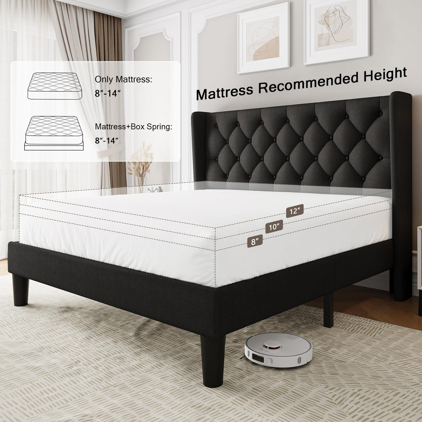 Einhomn Black Queen Size Platform Bed Frame with Fabric Upholstered Wingback Headboard, 12" Under Bed Space, Wooden & Metal Slats Support, No Box Spring Needed
