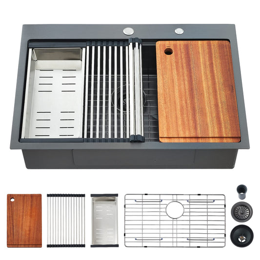 EcoChannels Drop-in Kitchen Sink - Single Bowl Workstation with Cutting Board, 30 x 22 x 10, Gunmetal Black, 16 Gauge Stainless Steel