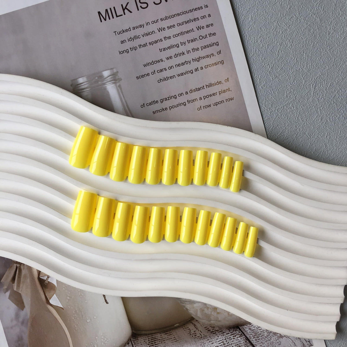 KQueenest Yellow Press On Nails Long Medium Coffin Gloss Bright Solid Color Full Cover Long Medium Fake Nails For Women, Thick Acrylic Glue on Nails for Daily Wear, 24 Pcs