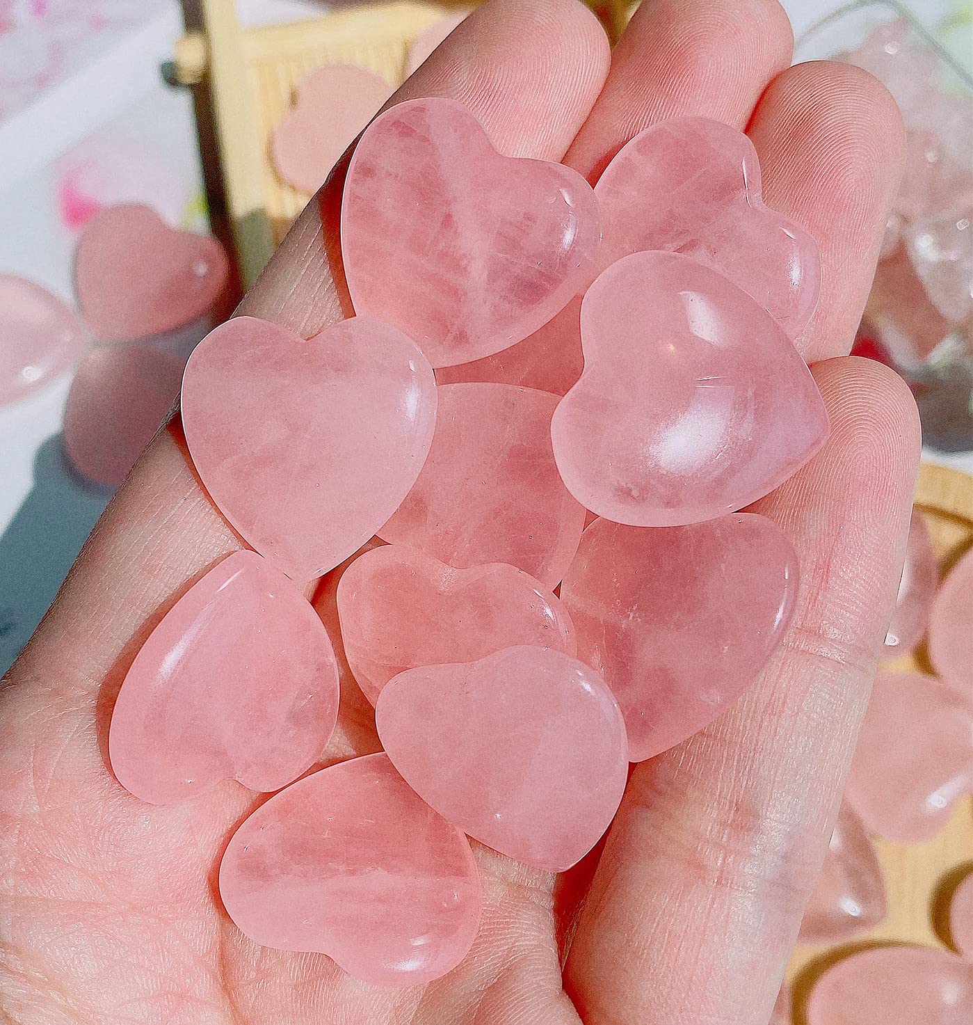 20 PCS Rose Quartz Heart Crystals Natural Crystal Polished Healing Cute Mini Pocket Stones Palm Thumb Love Gemstones Set Bulk Wholesale Reiki Energy Balancing Meditation Pink Heart Gifts for Mother Anniversary Gifts for Women