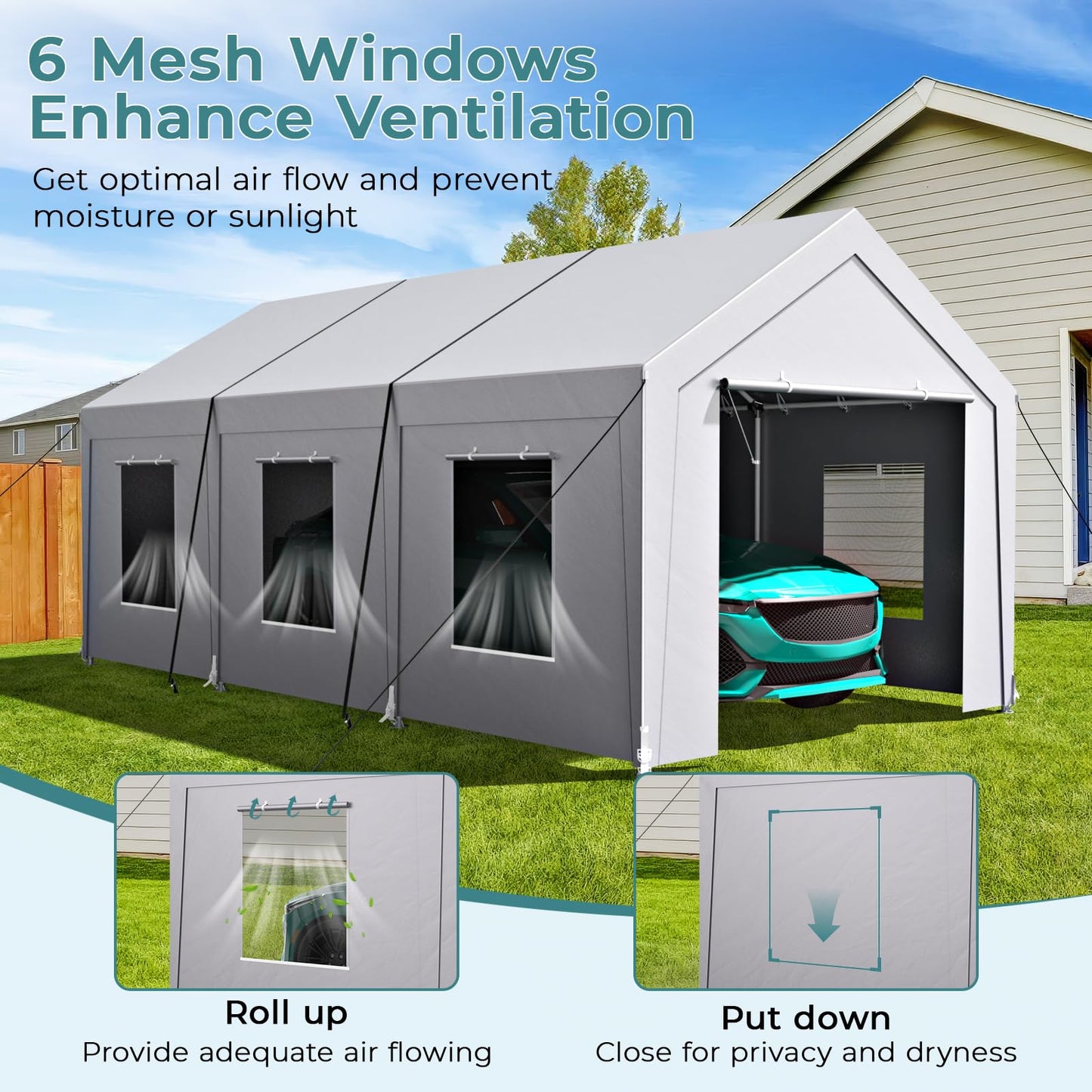 Carport 10x20 ft Heavy Duty, Car Port with Reinforced Steel Frame and 6 Roll-up Windows, Portable Garage with Sturdy Ground Nails, Waterproof All-Season Car Canopy for Boat, Truck, Grey