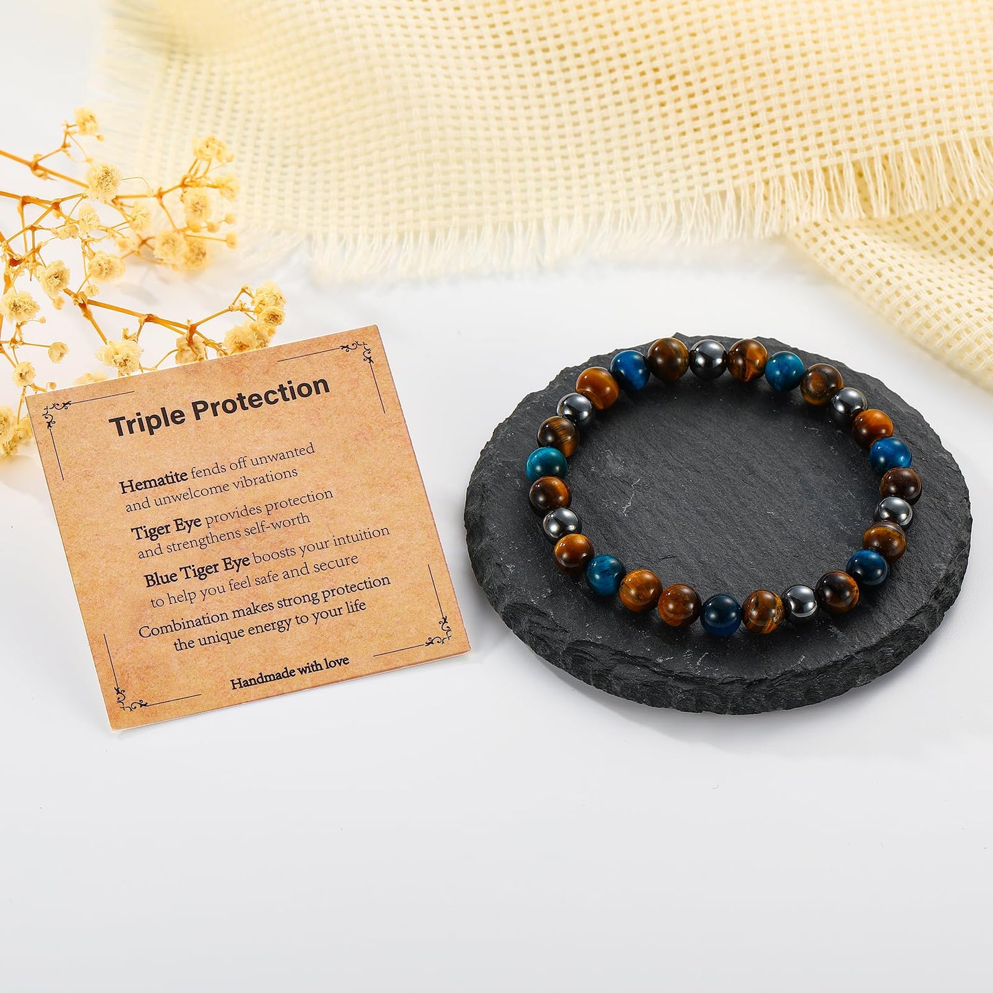 Gnamy Triple Protection Beaded Bracelet Gifts for Men, Bule Tiger Eye Hematite Bracelets Christmas Birthday Valentines Anniversary Healing Sobriety Jewelry Gifts for Husband Dad Boyfriend Brother Him