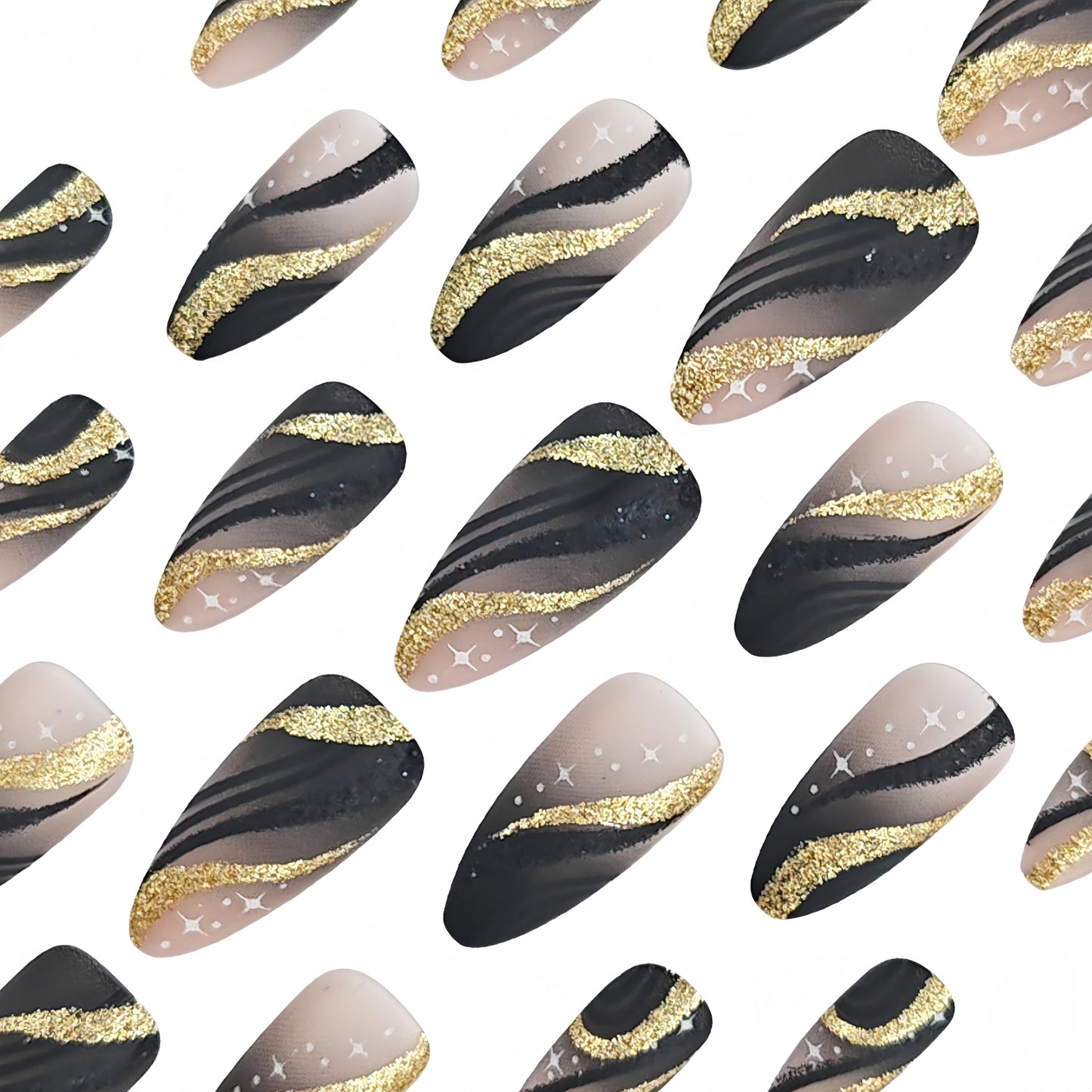 24pcs Black Gold Wire Almond Press Nails Medium Length Gold Foil Glitter Full Cover False Nail Designs for Women Girls Acrylic Nail Art Decoration