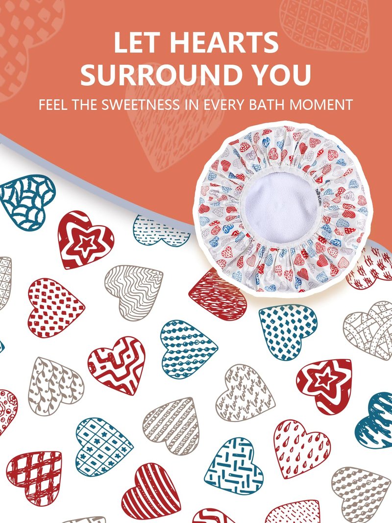 Years calm Terry Lined Shower Cap, Triple Layer Heart Motifs,Waterproof Reusable Elastic,Hair Shower Cap for Women,Terry Cloth Shower Caps for Spa,Clean,Trave (White, One Size)