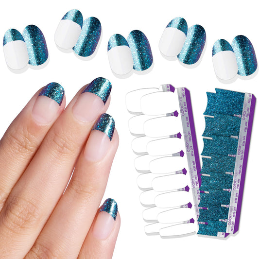 ColorStreet Alaskan Sky Tips - Glittery Teal to Deep Blue Color Shift Dual Ended French Tips 16 Tips & 16 Double-Ended Clear Nail Polish Strips Versatile Manicure Options for Traditional or French