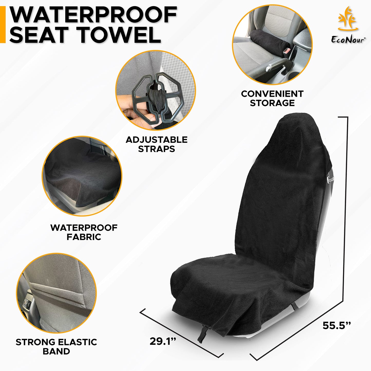 EcoNour Car Seat Cover Sweat Towel – Waterproof Universal Seat Protector for Gym, Workout, Swimming, Camping & Dog Travel – Washable Car Seat Cover for Cars, Trucks, SUVs & Vans – Black 29" x 55.5"""