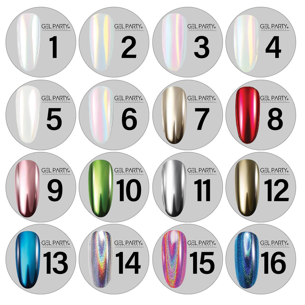 GELPARTY 16 Colour Chrome & Holographic Nail Powder Kit – Mirror-Effect Metallic Nail Art Pigment Set for UV/LED Gel Nails, Professional DIY Home Salon Finish