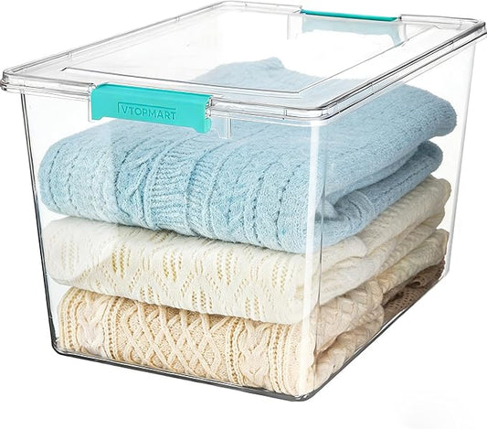 Vtopmart 1 Pack 72 QT Crystal Clear Storage Bins with Lids, 4 Pack Stackable Plastic Large Latching Boxes Totes Tubs Container for Closet Organizers and Storage, Bedroom, Clothes, Bedding