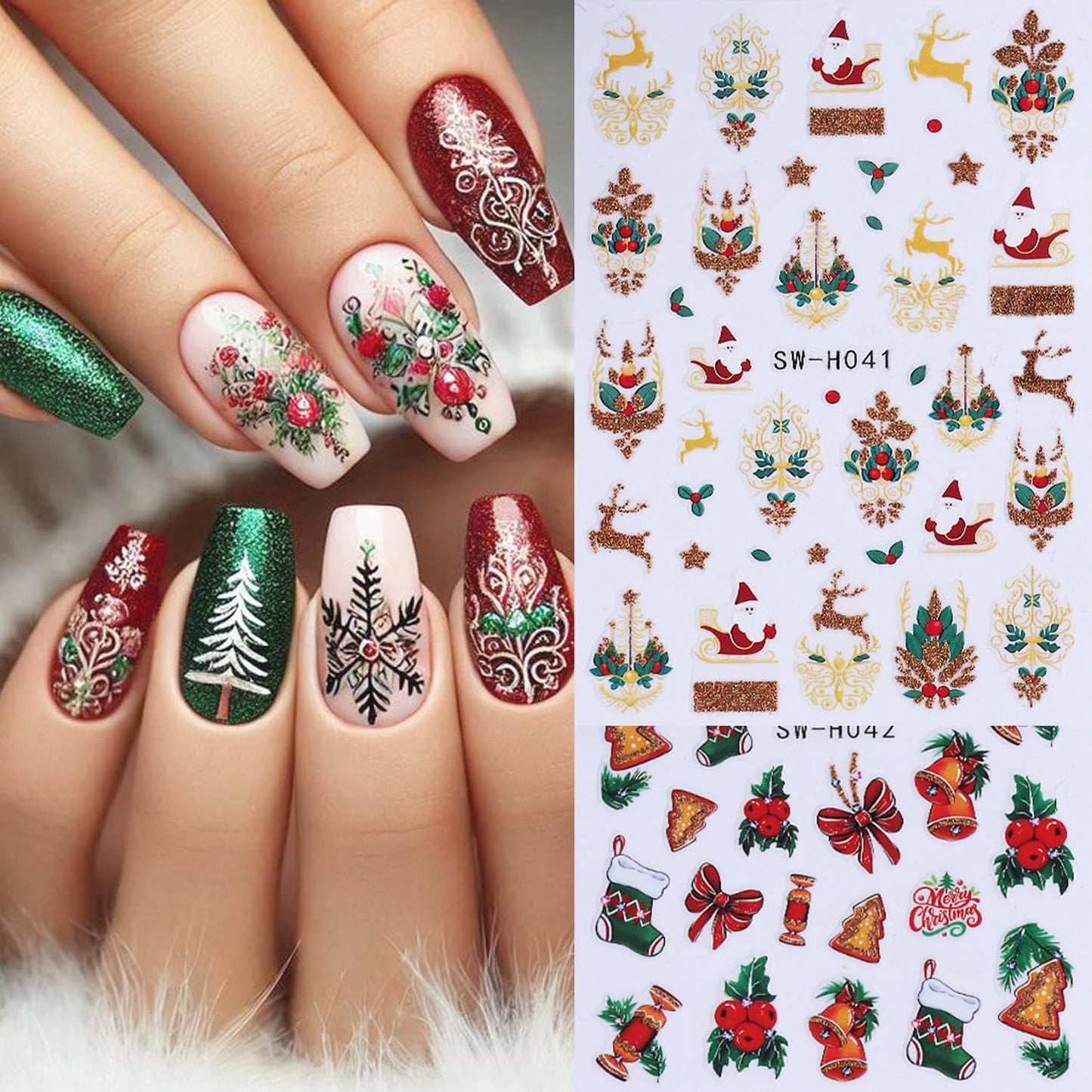 4Sheets Christmas Nail Art Stickers 3D Self-Adhesive Sock Bell Bow Nail Decals for Acrylic Nails Heart Dream Catcher Designs Nail Sticker Glitter Santa Claus Elk Nail Decal for Women DIY Nails Decor