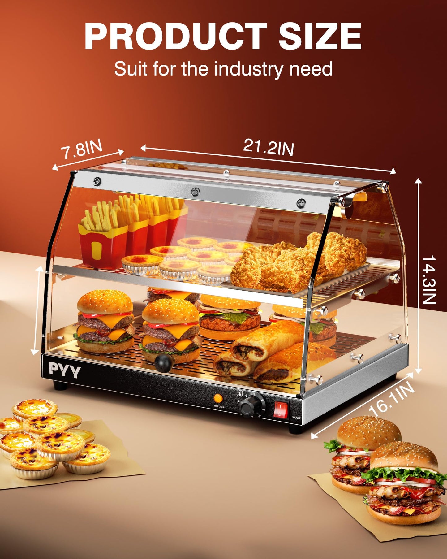 PYY Commercial Food Warmer Display, 2-Tier Electric Countertop Food Warmer with LED Lighting Adjustable Glass Door, Pastry Display Case for Buffet Restaurant