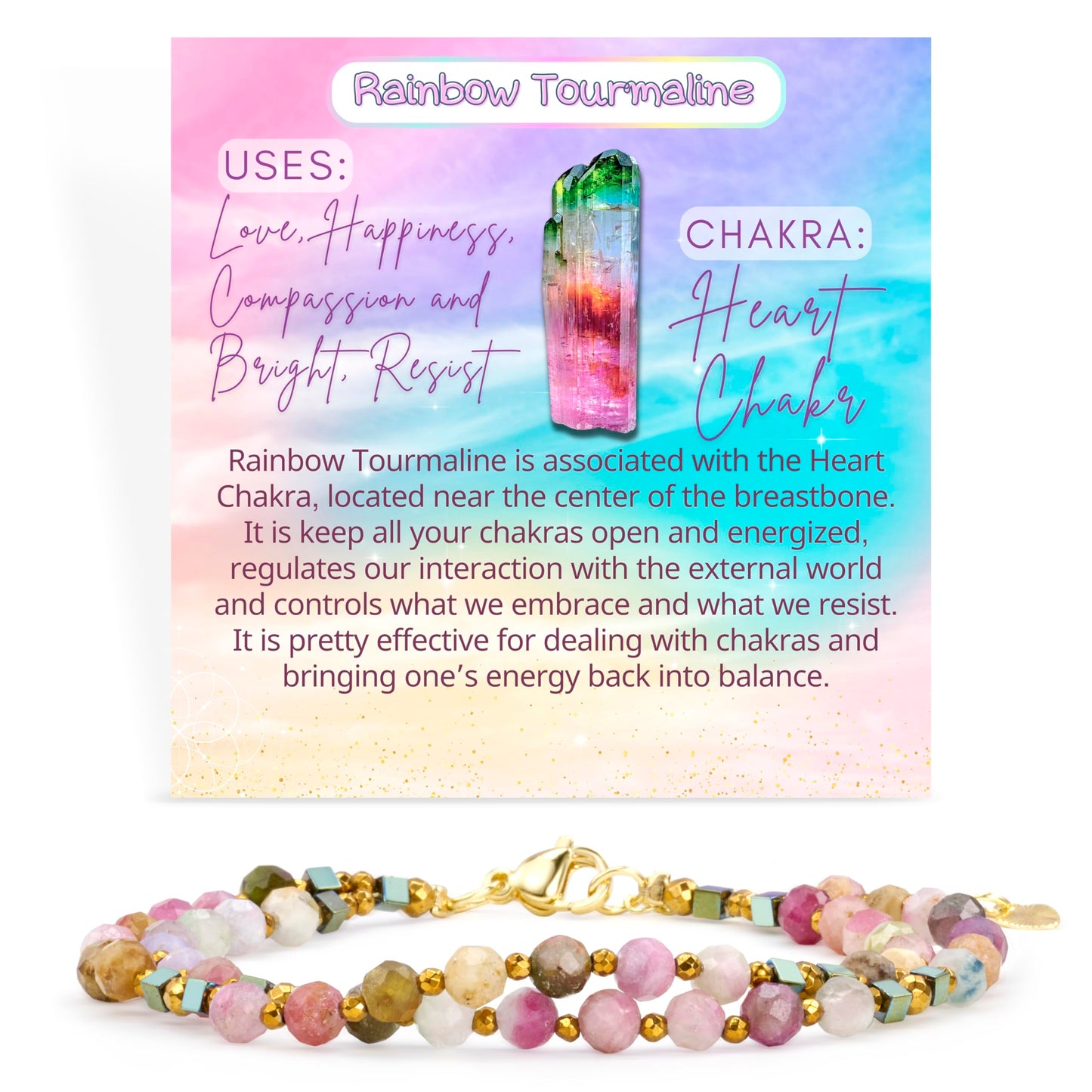Farfume Rainbow Tourmaline - Happiness - Crystal Beaded Bracelets, Chakra 4mm Natural Stone Beads Bracelets, Gemstone Spiritual Jewelry Gifts for Mother's Day