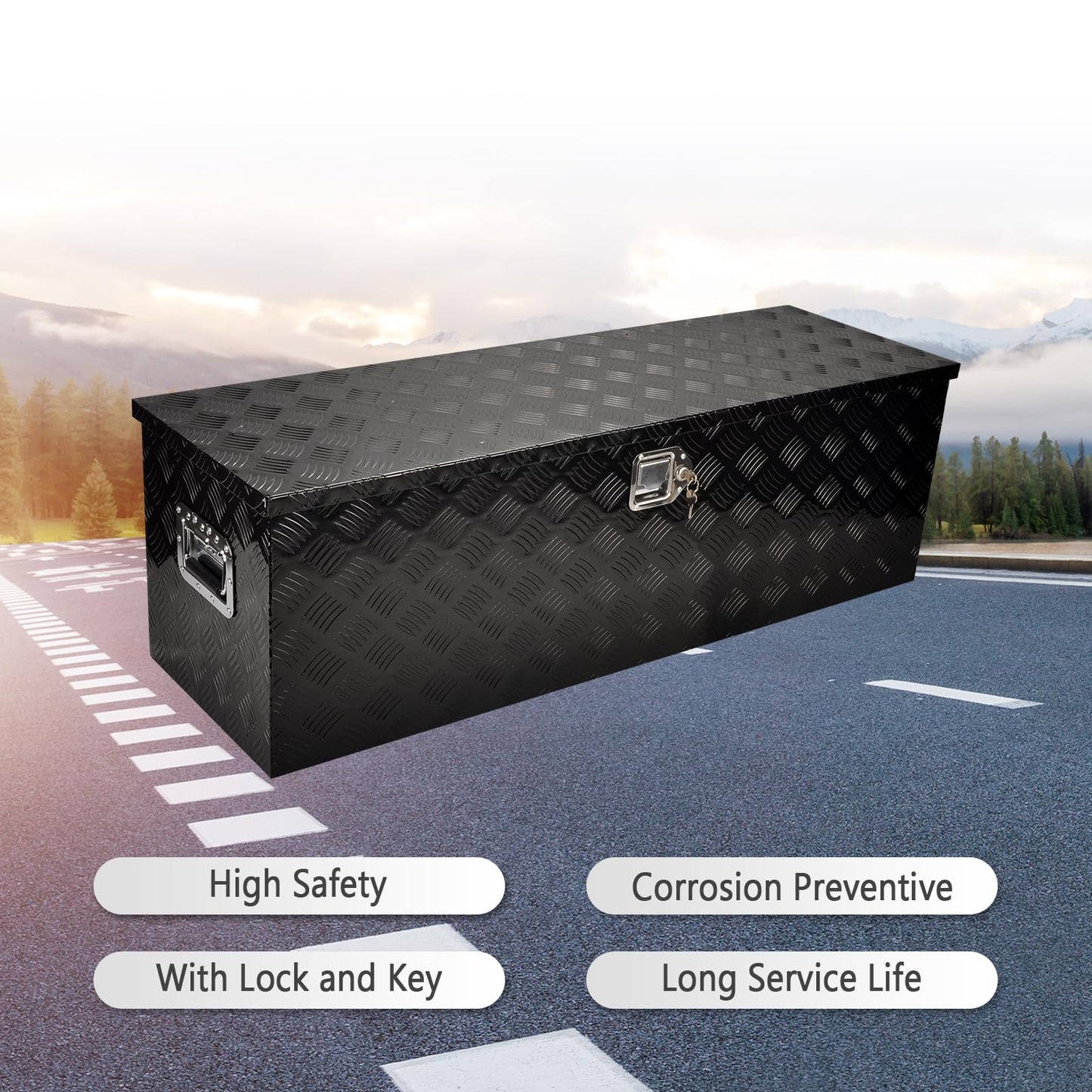 FGJQEFG 48 Inch Heavy Duty Aluminum Truck Tool Box Pick Up Truck Bed RV Trailer Toolbox Storage Organizer with Side Handle, Lock & Keys，Black,5 Bar Tread 48"(L) X15''(W) X15(H) Storage Box