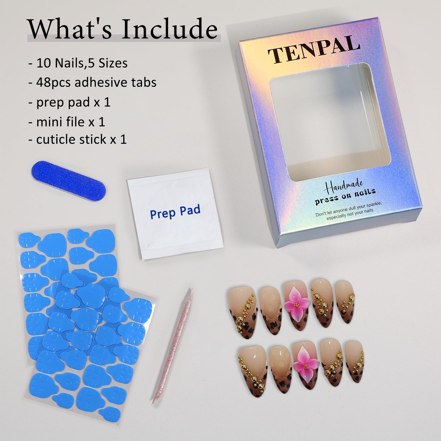 TENPAL 10-Piece Almond Press-On Nails Kit,Sexy Leopard French Tips Fake Nails with 3D Gold Beads & Pink Flowers,Brown Y2K Nails for Women, Edgy Yet Cute Daily Wear False Nails with All Tools(L)