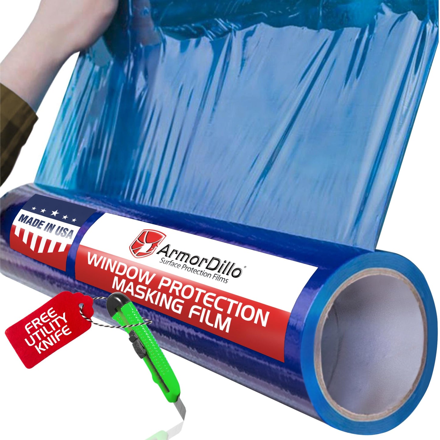 ArmorDillo Blue Window Protection Film| 29.96/Roll (5 Rolls/case,1 case), 24" x200'. Temporary Self-Adhesive Glass Cover, Masking, 45-Day UV-Resistant, Window & Surface Protection| Construction Wrap