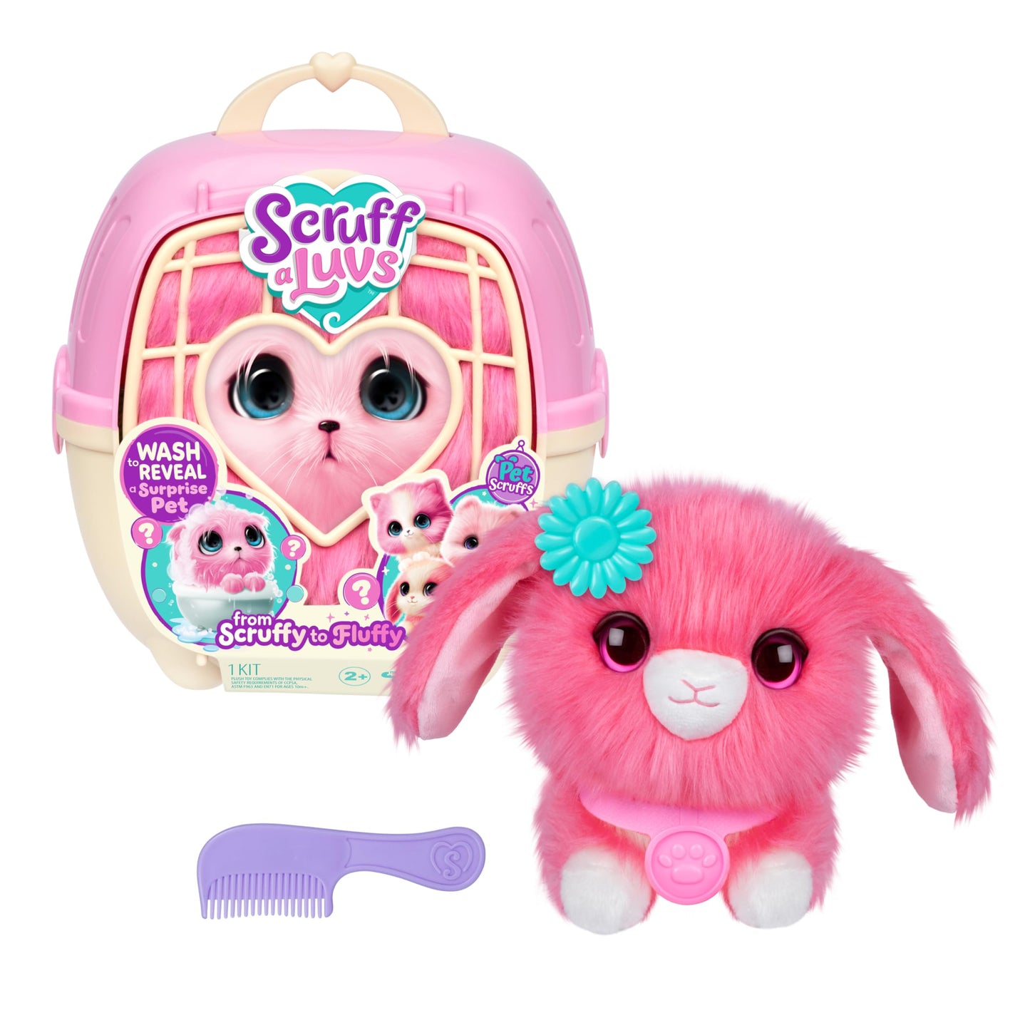 SCRUFFALUVS Pink Surprise Pet, Mystery Plush Toys, Stuffed Animals, Wash to Reveal 1 of 3 Rescue Surprise Toy Pets: Puppy, Bunny, or Kitty - Includes 8.7" Deluxe Carrier - Styles May Vary