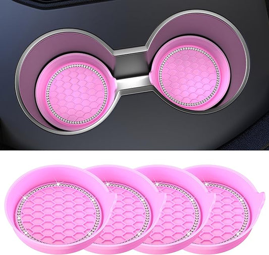 Amooca Car Cup Coaster Universal Non-Slip Cup Holders Bling Crystal Rhinestone Car Interior Accessories 4 Pack Pink