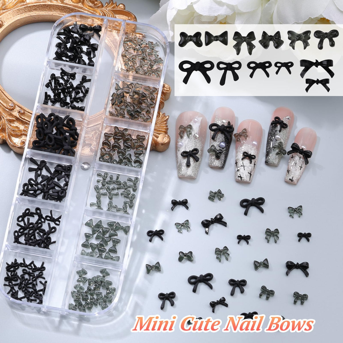 5 Boxes Black 3D Nail Charms Set, 24Pcs Y2k Alloy Nail Art Rhinestone Charms 3D Bow Flower Crown Heart Star with Tweezers and Dual-end Brush for Manicure Salon DIY Crafts,Face Makeup Gems Jewels