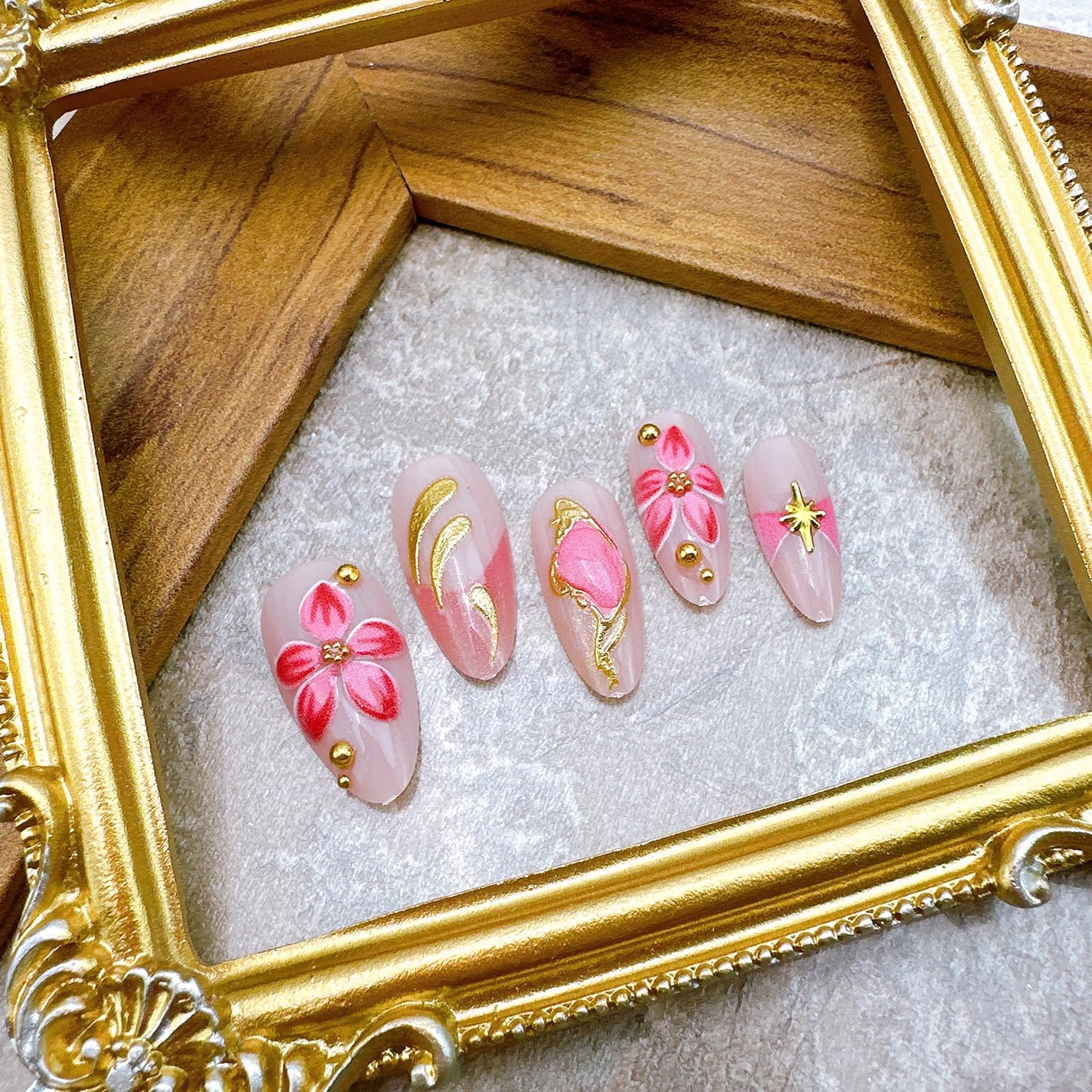 24Pcs Flower Press on Nails Medium Almond Fake Nails with Gold Beads Star Designs Full Cover Pink Acrylic Nails 3D Floral False Nail Set Pink Purple Floral Stick on Nails for Women Nail Supplies