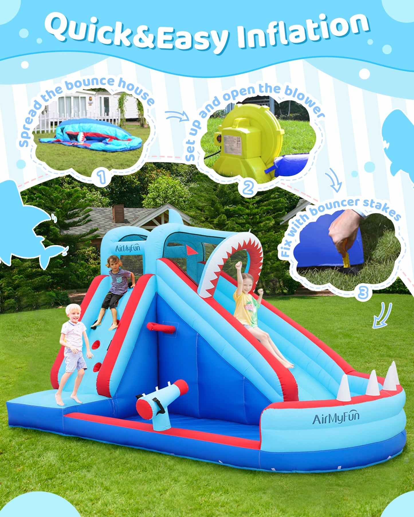 AirMyFun Bounce House, Sharks Theme Inflatable Bouncy House with Slide, Kids Bounce House Water Park with Slides Bouncer Castle with Splash Pool, Climbing Wall, Ball Shooting