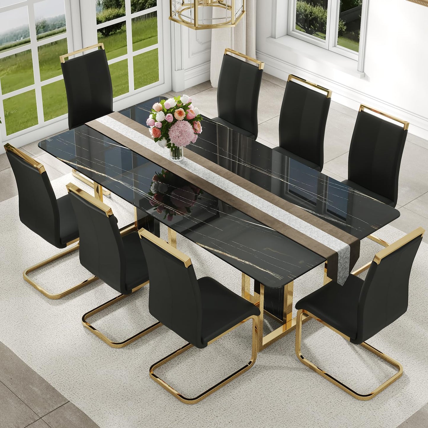 hohoedc 79'' Modern Dining Table Set for 8, Black Kitchen Table with 1.8" Thick Faux Marble Top & 8 PU Leather Chairs, Luxury Dining Room Furniture Set for Kitchen/Dinner Room