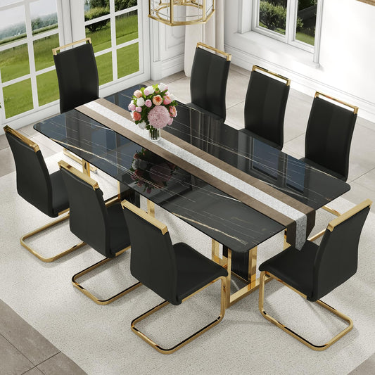 hohoedc 79'' Modern Dining Table Set for 8, Black Kitchen Table with 1.8" Thick Faux Marble Top & 8 PU Leather Chairs, Luxury Dining Room Furniture Set for Kitchen/Dinner Room
