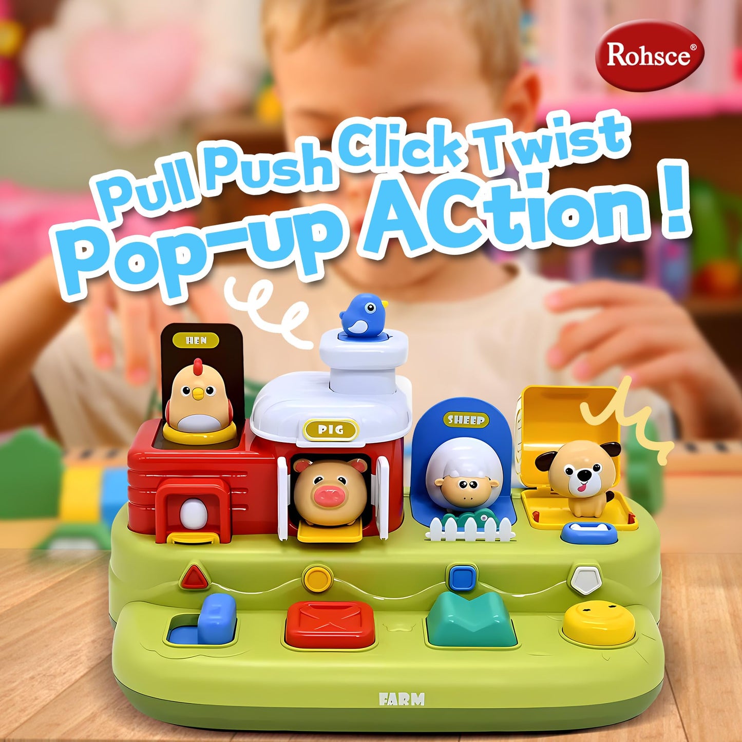 Baby Pop Up Toy with Music, Cause & Effect Pop-Up Animal Toys + Rattle Balls, Textured Easy-Grasp Sensory Balls, Interactive Montessori Learning Gifts for Babies 3-12 Months, 1 Year Old Boys & Girls
